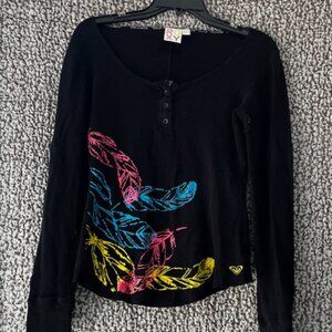 ROXY Black Neon Feather Print Long Sleeve Henley Top